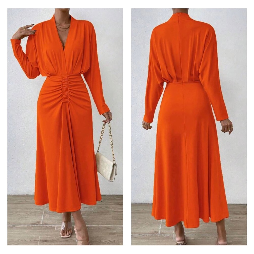 Burnt Orange Ruched Front A-line Long Sleeve Dress
